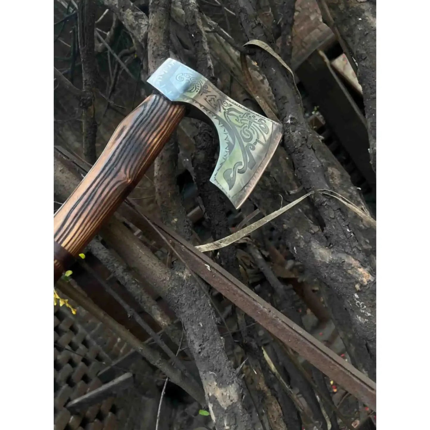 Hand Forged Carbon Steel Viking Axe with Carved Ash Wood Handle and Leather Grip