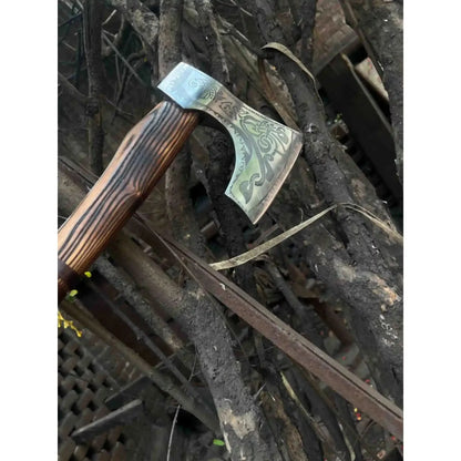 Hand Forged Carbon Steel Viking Axe with Carved Ash Wood Handle and Leather Grip