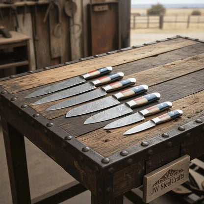 8-Piece Damascus Kitchen Knife Set — Texas Flag Handles, Full Tang Chef, Bread, Santoku, Utility & Paring Knives