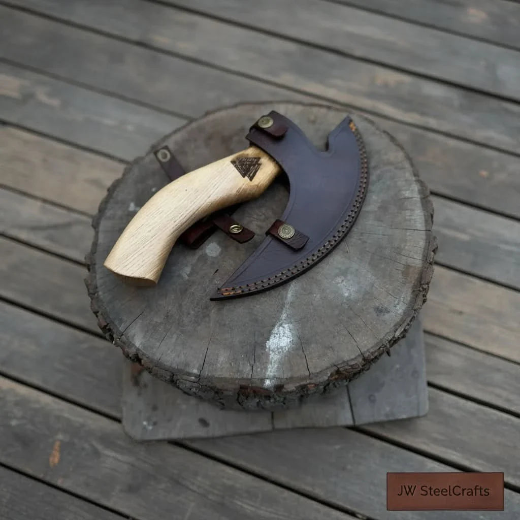 Viking Rune Engraved Bearded Axe Pizza Cutter — Carbon Steel Blade, Ash Wood Handle