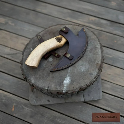 Viking Rune Engraved Bearded Axe Pizza Cutter — Carbon Steel Blade, Ash Wood Handle