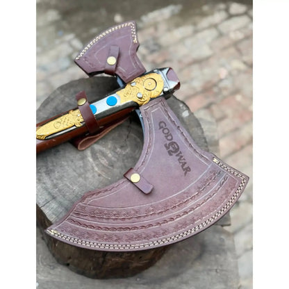 Hand Forged Viking Fantasy Double-Bit Axe with Norse Engraving, Gold Handle Fittings and Blue Gemstone Inlays
