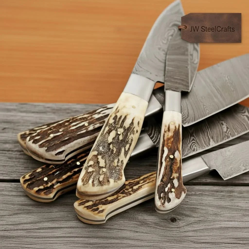 7-Piece Damascus Kitchen Knife Set — Synthetic Stag Horn Handles, Brass Bolsters & Full Tang Forged Blades