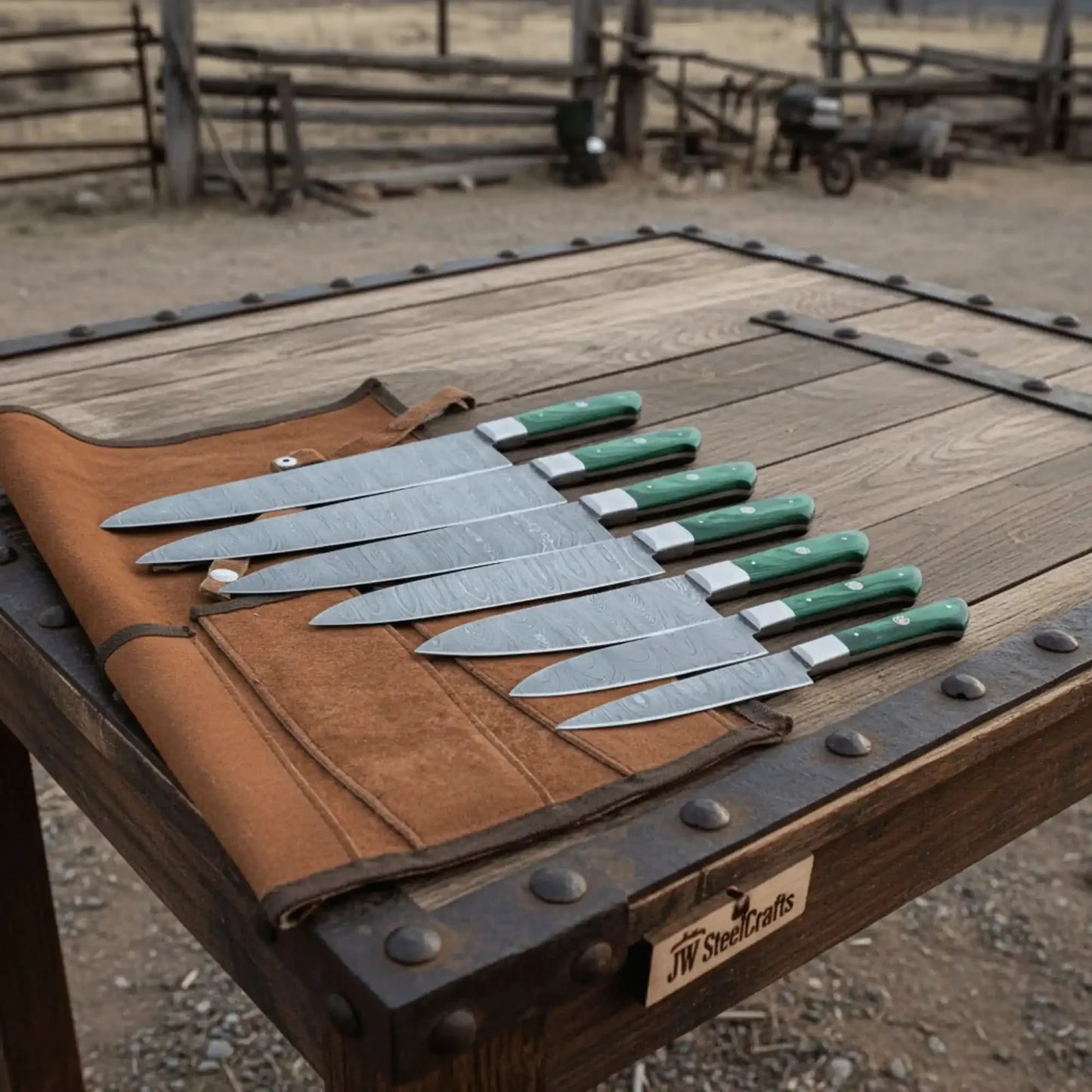 6-Piece Handmade Damascus Steel Kitchen Knife Set, Green Wood Handle, Professional Chef Culinary