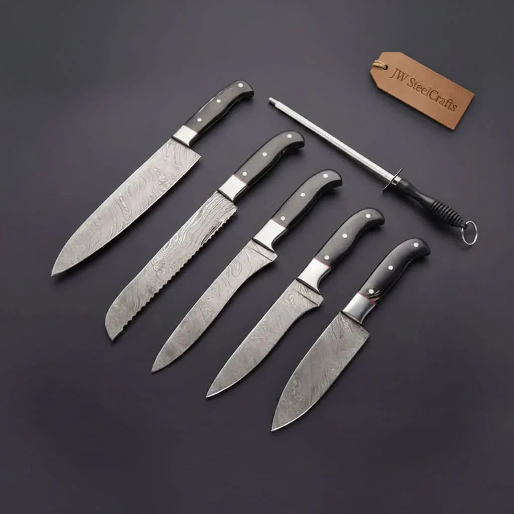 5-Piece Damascus Kitchen Knife Set — 9" Uniform Blades, Black Handles with Steel Bolsters, Leather Roll & Honing Rod