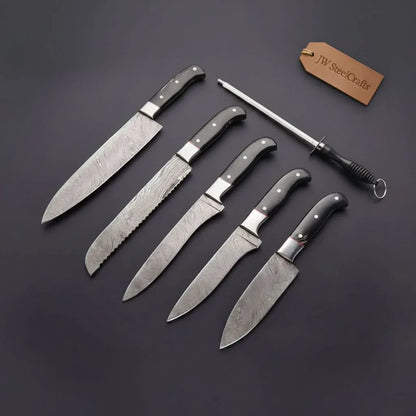 5-Piece Damascus Kitchen Knife Set — 9" Uniform Blades, Black Handles with Steel Bolsters, Leather Roll & Honing Rod