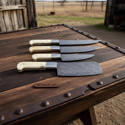 4-Piece Damascus Kitchen Knife Set — Chef, Slicer, Utility & Cleaver with White Camel Bone Handles & Steel Bolsters | JW Steel Crafts