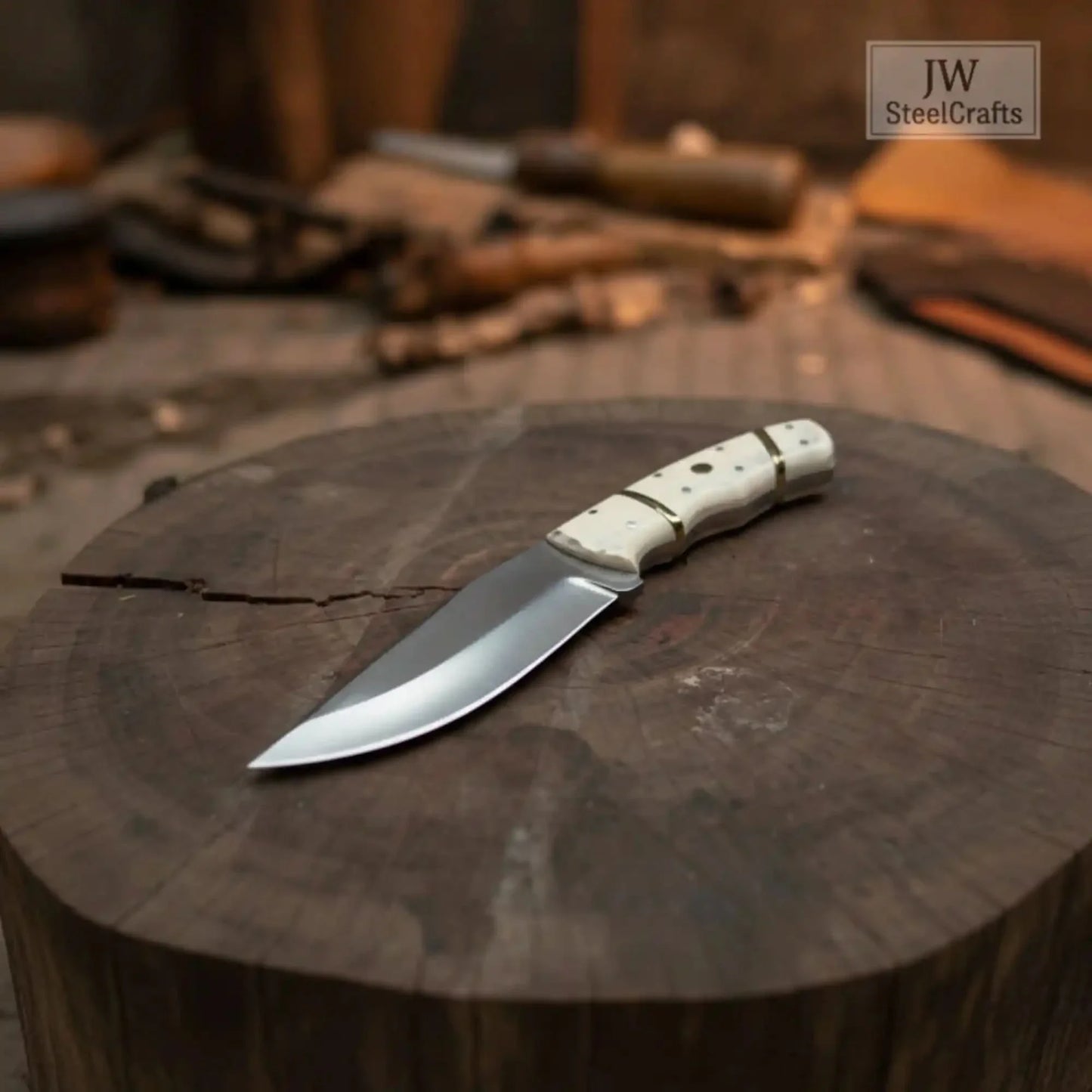 Ranch Hand Utility Knife Fixed Blade white resin Handle Full Tang Brass Spacer Western Knife
