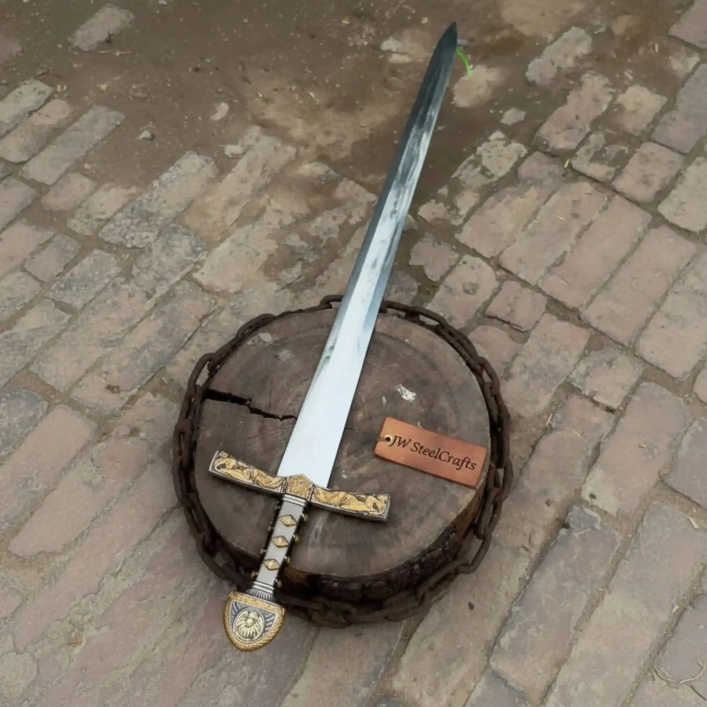 Handmade  Medieval Knight Sword Replica in Satin Steel with Gold Accent Guard