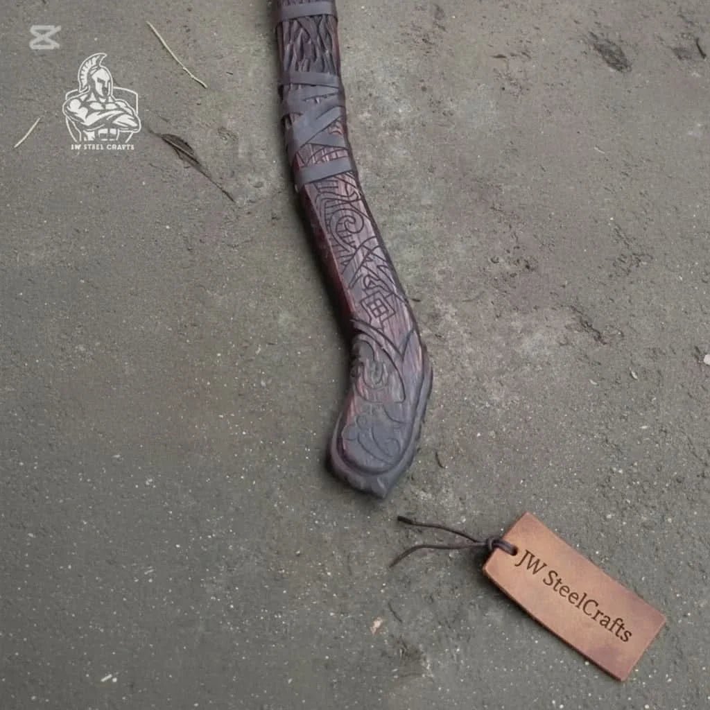 Handmade Viking Double-Bit Carbon Steel Axe with Norse Rune Etching and Engraved Hardwood Handle