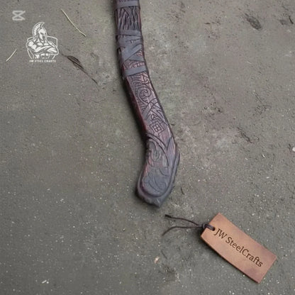 Handmade Viking Double-Bit Carbon Steel Axe with Norse Rune Etching and Engraved Hardwood Handle