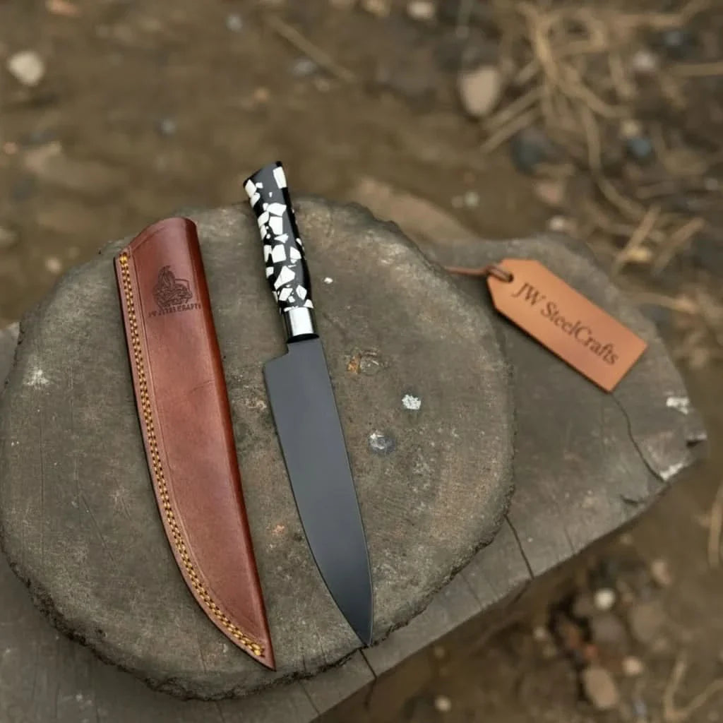 Black Blade Chef Knife Full Tang with Custom Handle & Leather Sheath