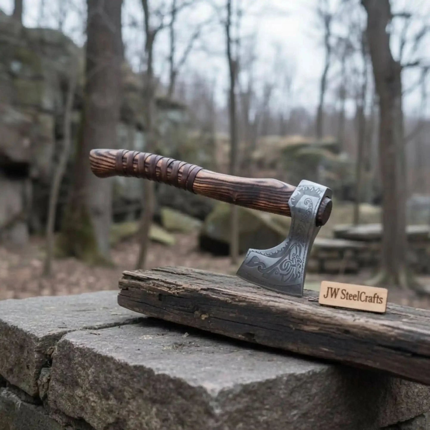Hand Forged Carbon Steel Viking Axe with Carved Ash Wood Handle and Leather Grip