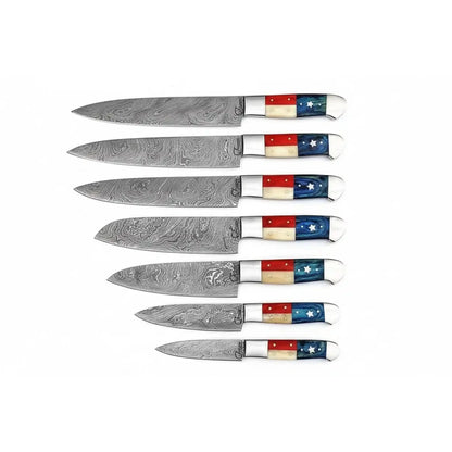 8-Piece Damascus Kitchen Knife Set — Texas Flag Handles, Full Tang Chef, Bread, Santoku, Utility & Paring Knives