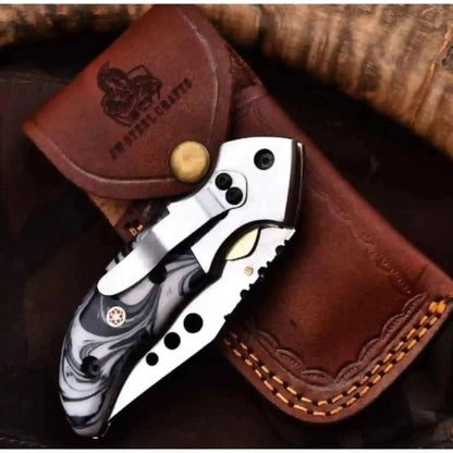 Marble Resin Folding Pocket Knife — Drop Point Blade, Brass Pivot, and Genuine Leather Sheath