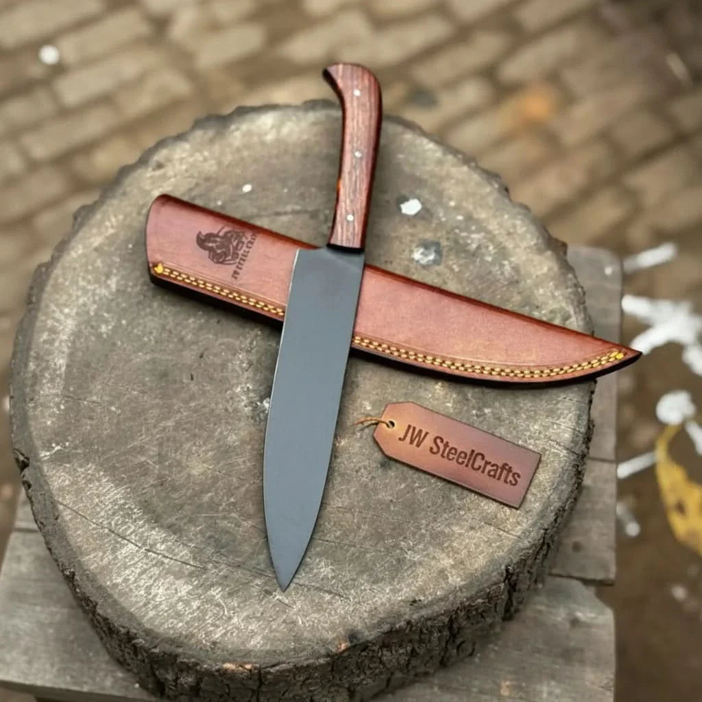 Black Blade Chef Knife Full Tang with Custom Handle & Leather Sheath
