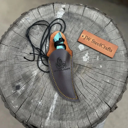 Neck Knife with Leather Sheath – Mini Damascus Pattern Blade | Green Resin Handle | JW SteelCrafts