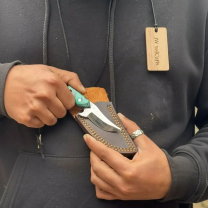 Neck Knife with Leather Sheath – Mini Damascus Pattern Blade | Green Resin Handle | JW SteelCrafts