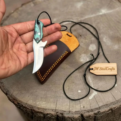 Neck Knife with Leather Sheath – Mini Damascus Pattern Blade | Green Resin Handle | JW SteelCrafts