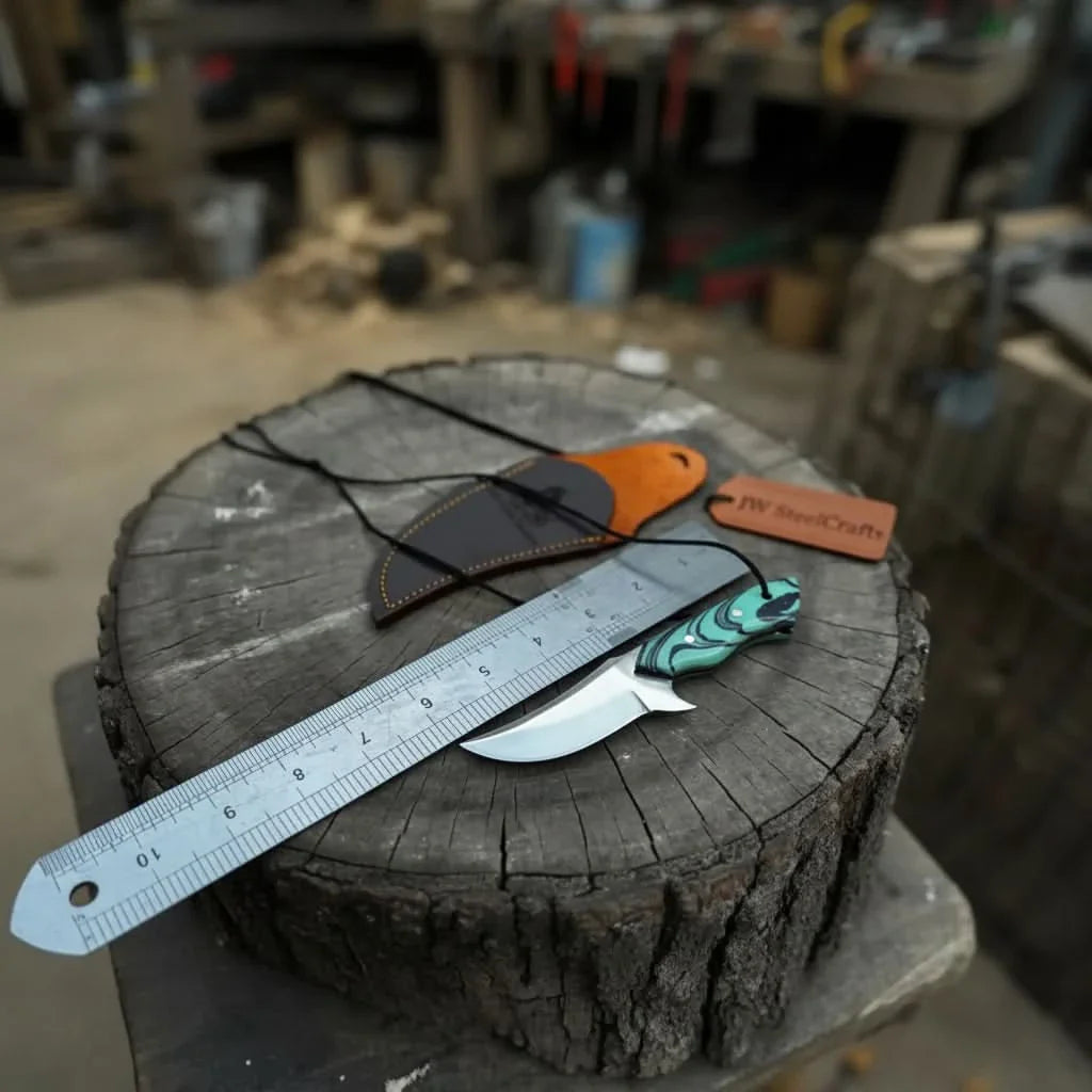 Neck Knife with Leather Sheath – Mini Damascus Pattern Blade | Green Resin Handle | JW SteelCrafts