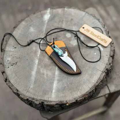Neck Knife with Leather Sheath – Mini Damascus Pattern Blade | Green Resin Handle | JW SteelCrafts