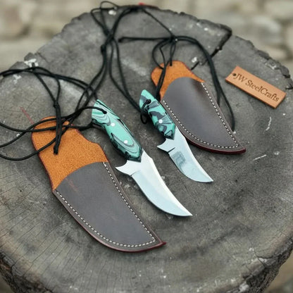 Neck Knife with Leather Sheath – Mini Damascus Pattern Blade | Green Resin Handle | JW SteelCrafts