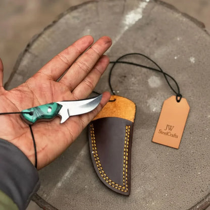 Neck Knife with Leather Sheath – Mini Damascus Pattern Blade | Green Resin Handle | JW SteelCrafts