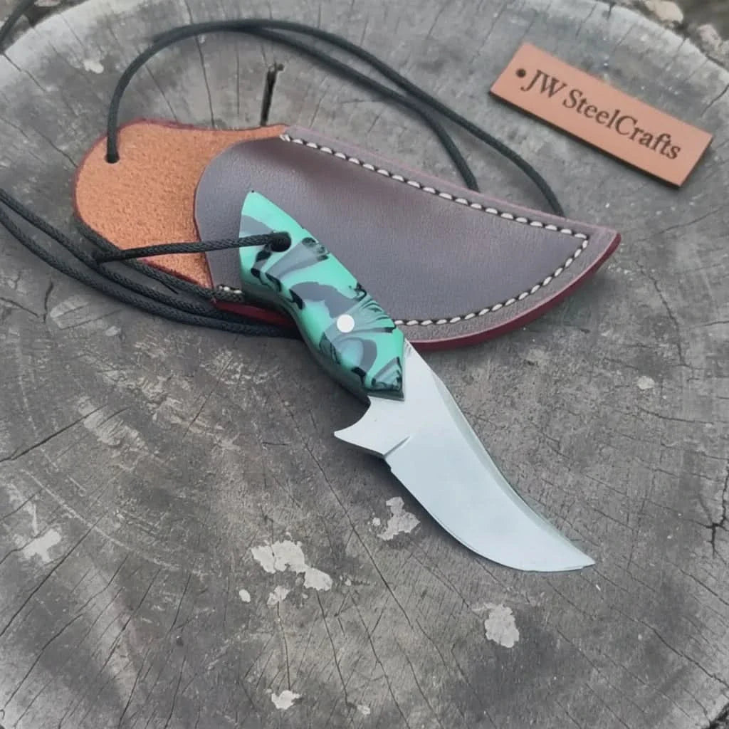 Neck Knife with Leather Sheath – Mini Damascus Pattern Blade | Green Resin Handle | JW SteelCrafts