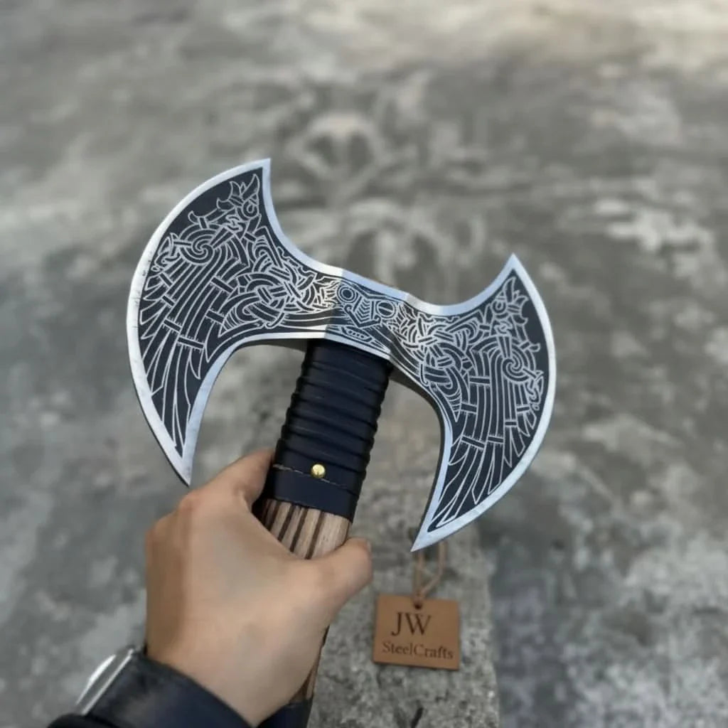 Hand Engraved Double Headed Viking Axe with Nordic Knotwork and Leather Wrapped Handle
