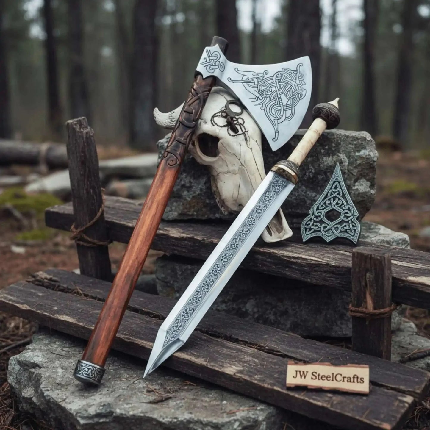 Custom Handmade Stainless Steel  Double Handed Viking axe set with Handmade Gladius piece