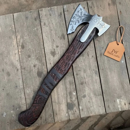 Handmade Viking Double-Bit Carbon Steel Axe with Norse Rune Etching and Engraved Hardwood Handle