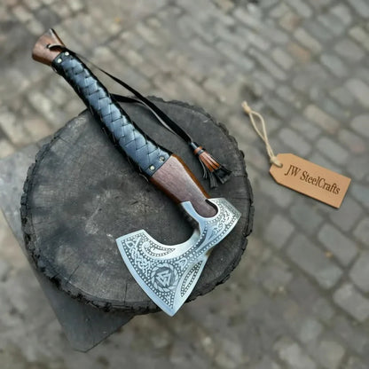 Viking Axe with Leather Wrapped Handle & Engraved Head – JW SteelCrafts