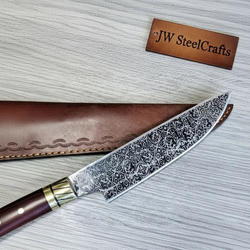 8” Acid-Etched Gyuto Chef Knife with Rosewood Handle & Brass Bolster (Full Tang)