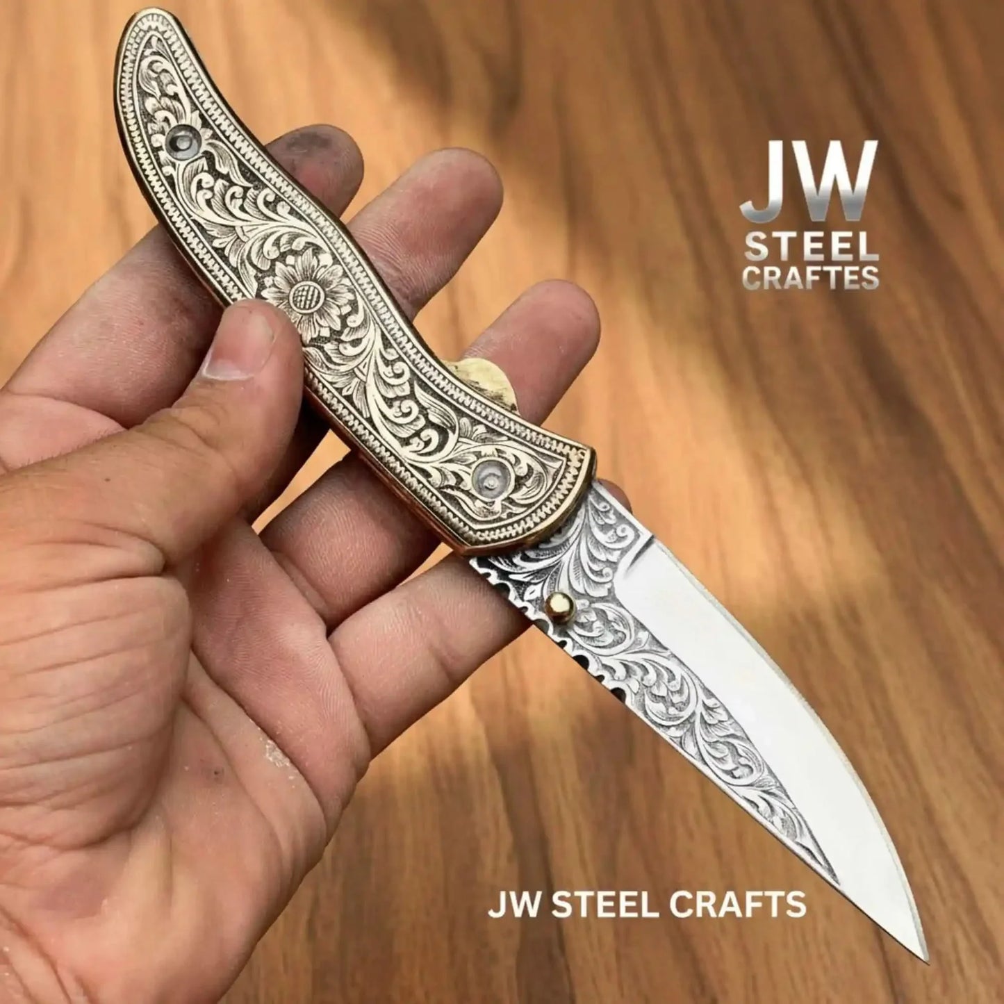 Handmade Engraved Brass Handle Folding Knife for EDC
