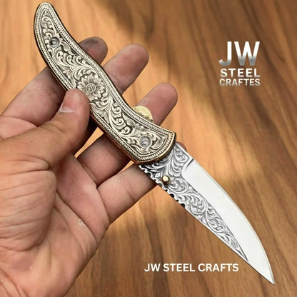 Handmade Engraved Brass Handle Folding Knife for EDC