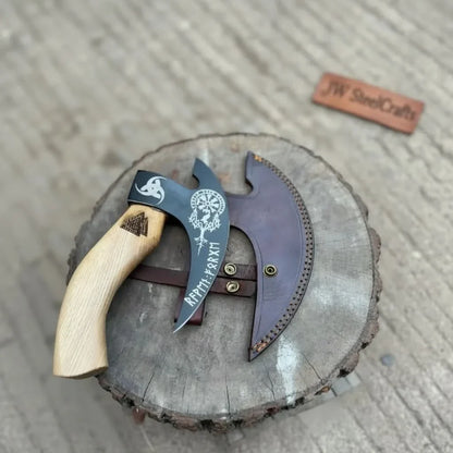 Viking Rune Engraved Bearded Axe Pizza Cutter — Carbon Steel Blade, Ash Wood Handle