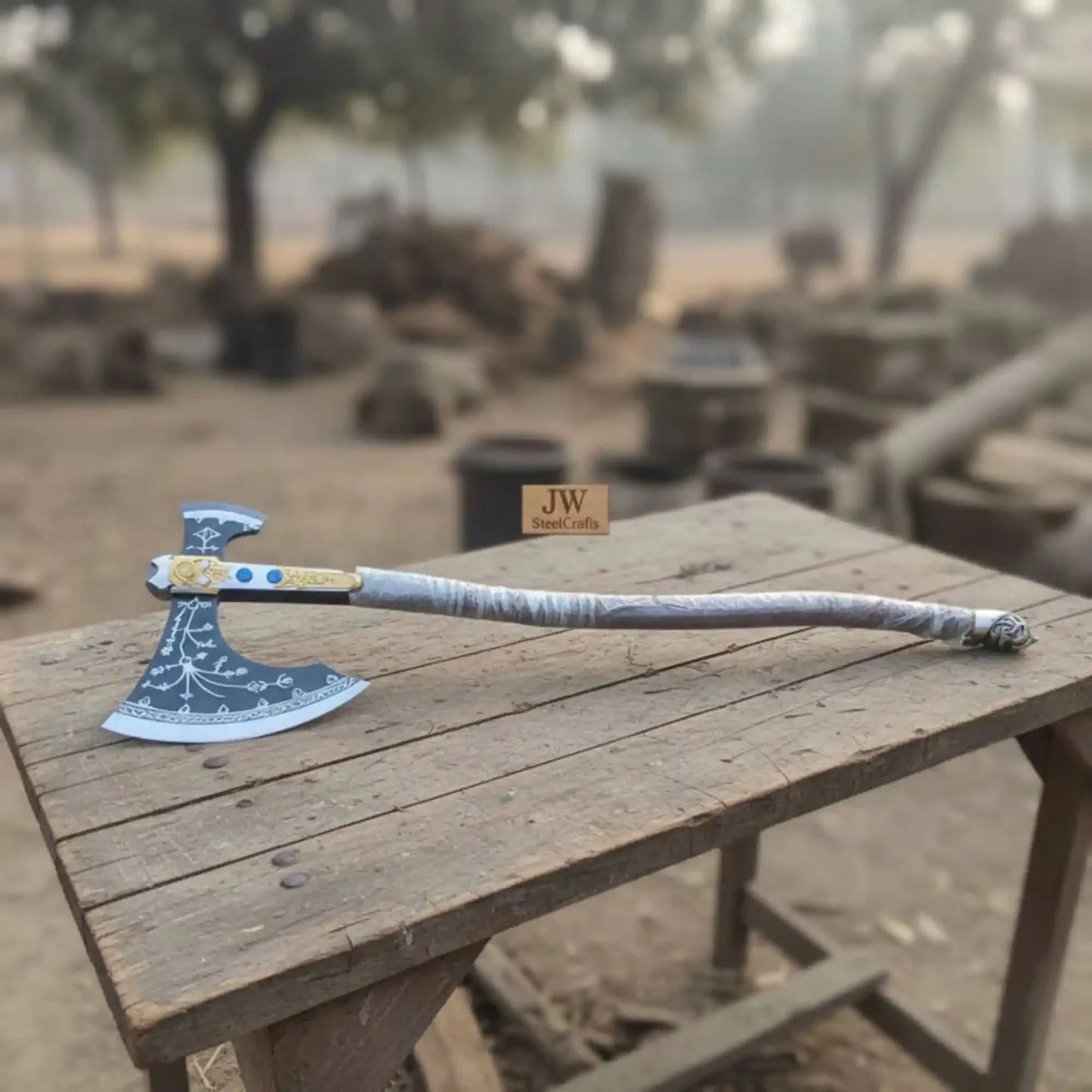 Hand Forged Viking Fantasy Double-Bit Axe with Norse Engraving, Gold Handle Fittings and Blue Gemstone Inlays