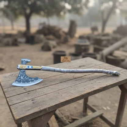 Hand Forged Viking Fantasy Double-Bit Axe with Norse Engraving, Gold Handle Fittings and Blue Gemstone Inlays
