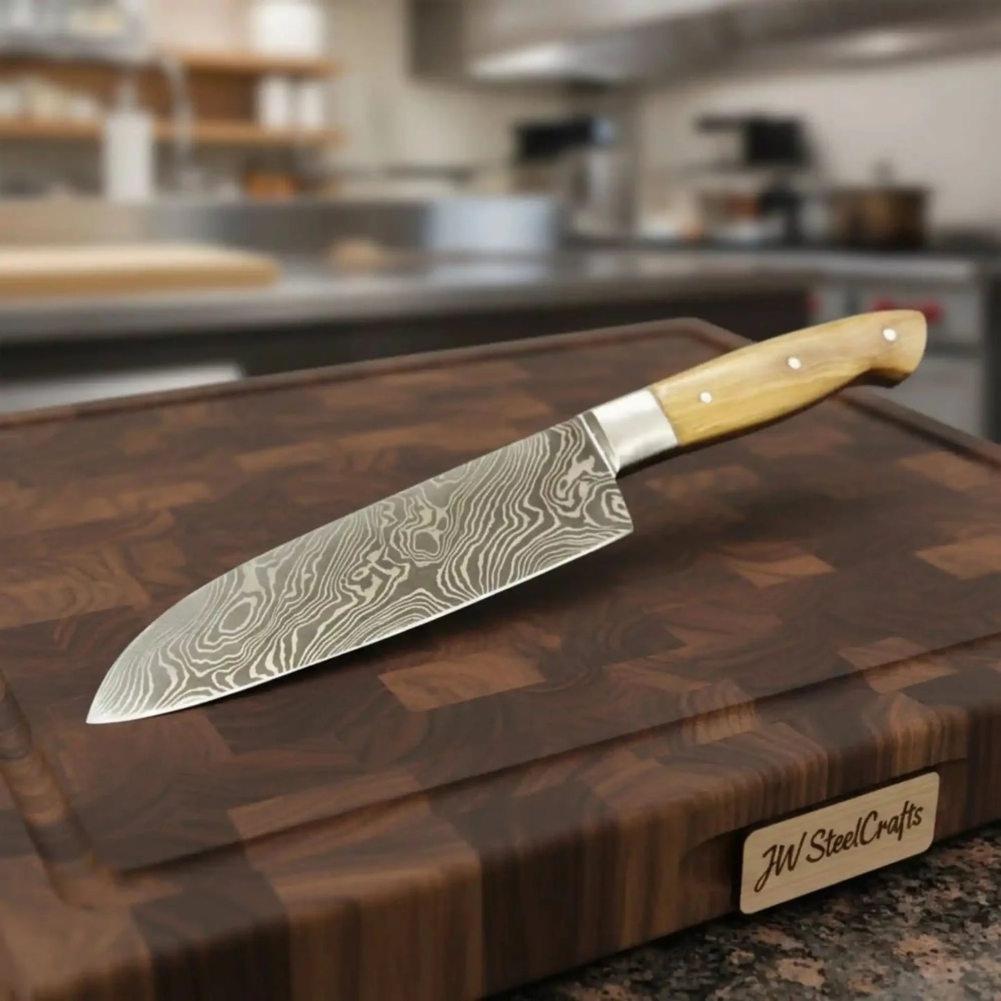 Handmade Damascus Gyuto Chef Knife – Olive Wood Handle, Steel Bolster & Full Tang Blade