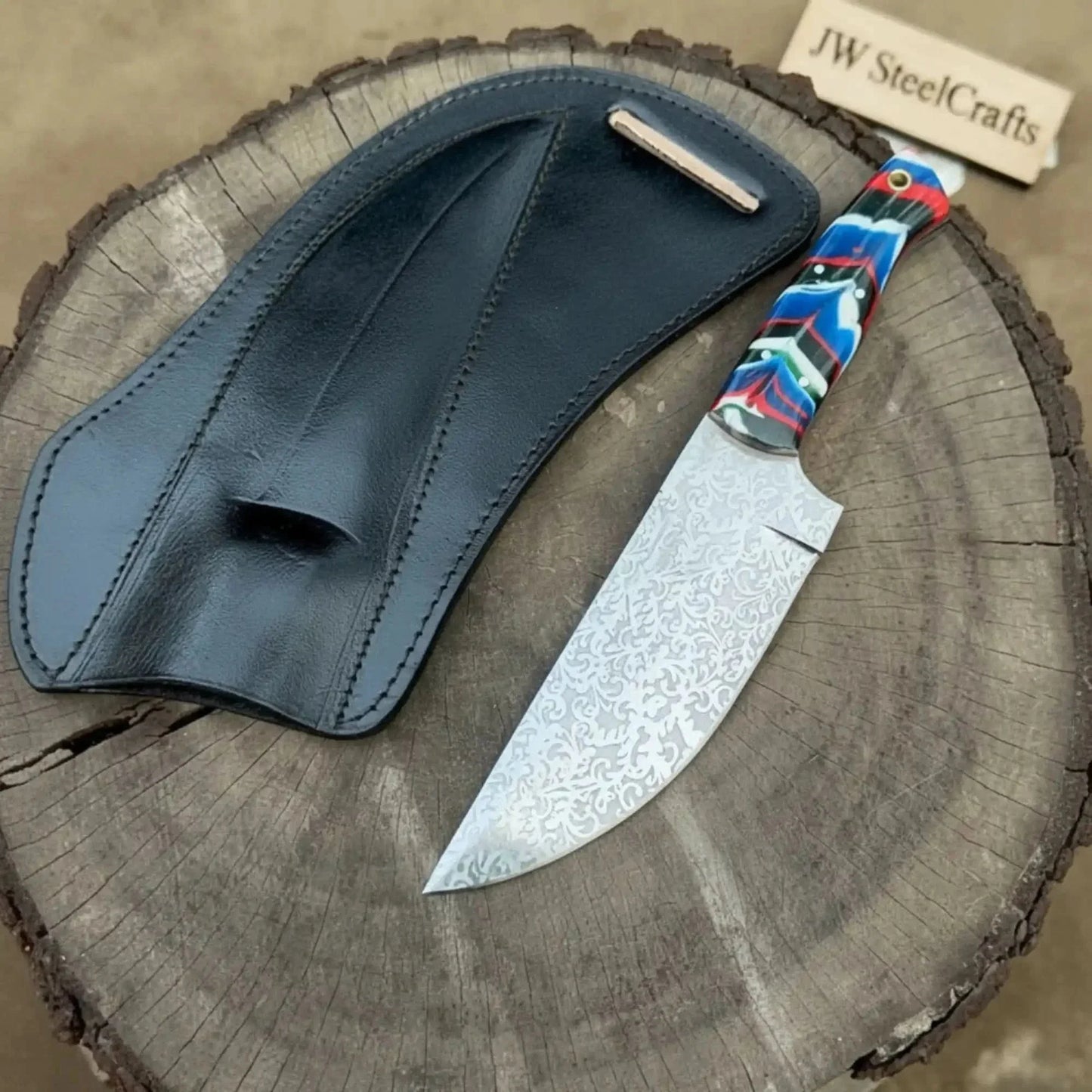 Serbian Utility Knife 9” – Acid Etched Blade with Resin Handle & Leather Sheath