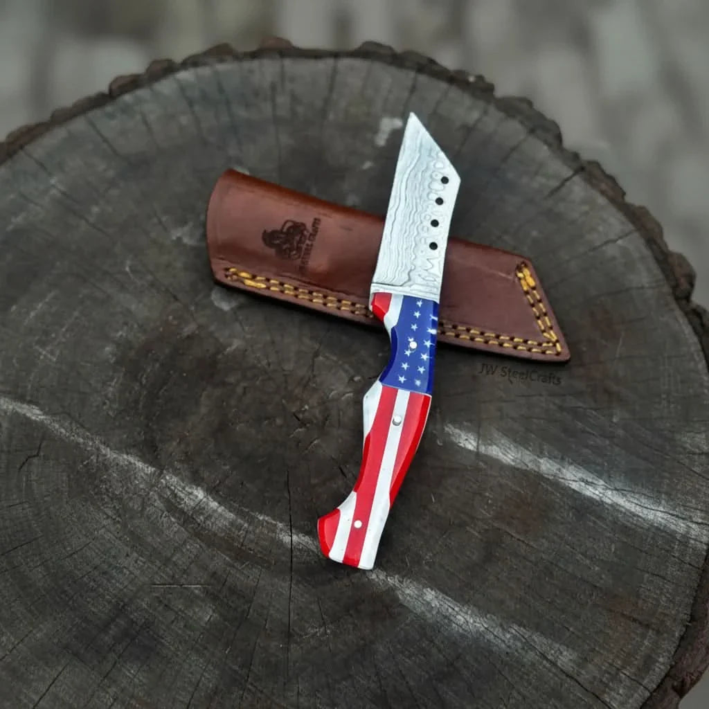 Damascus Tanto Fixed Blade Knife with American Flag Resin Handle, and Leather Sheath