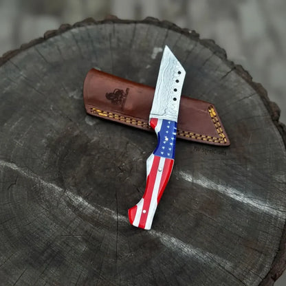 Damascus Tanto Fixed Blade Knife with American Flag Resin Handle, and Leather Sheath