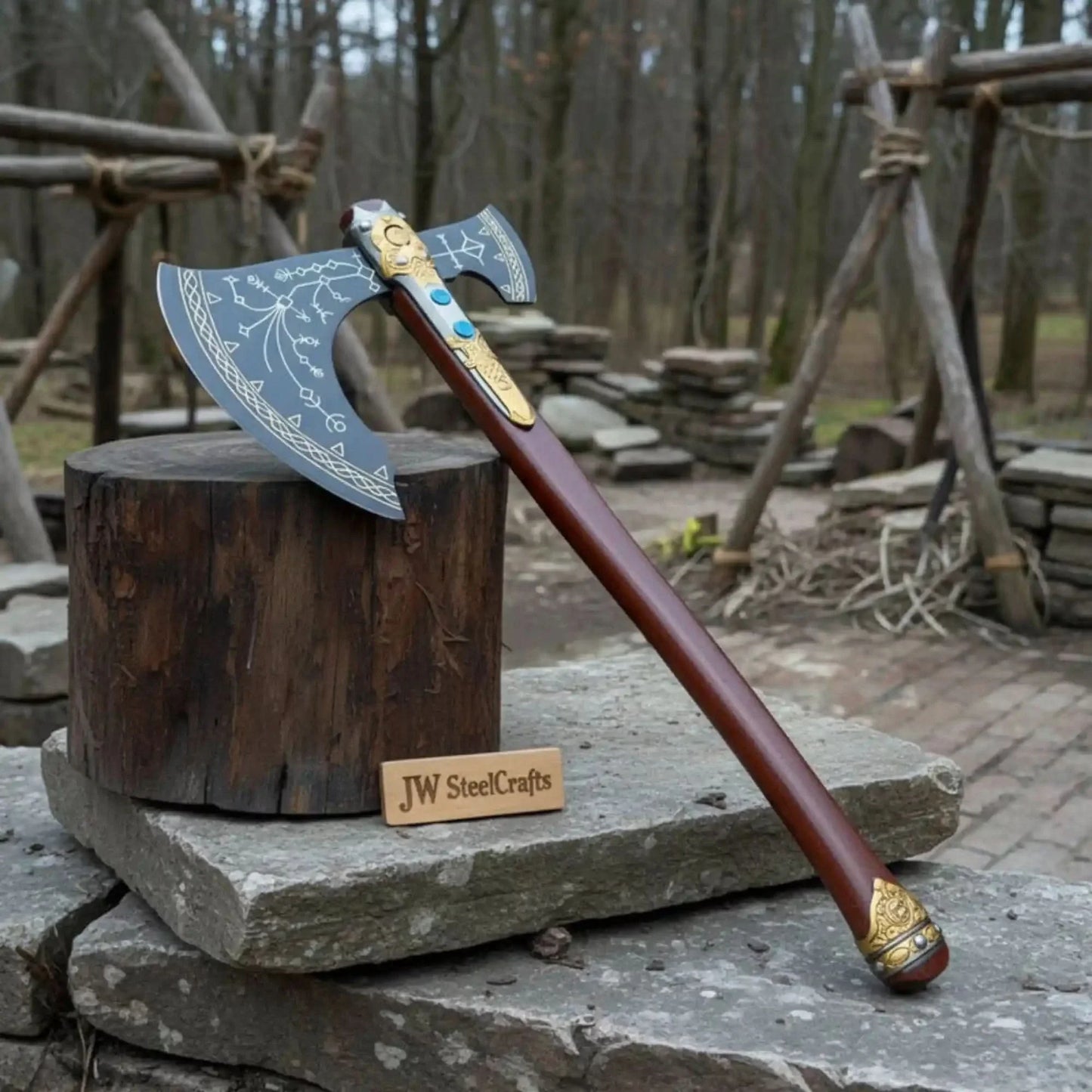 Hand Forged Viking Fantasy Double-Bit Axe with Norse Engraving, Gold Handle Fittings and Blue Gemstone Inlays