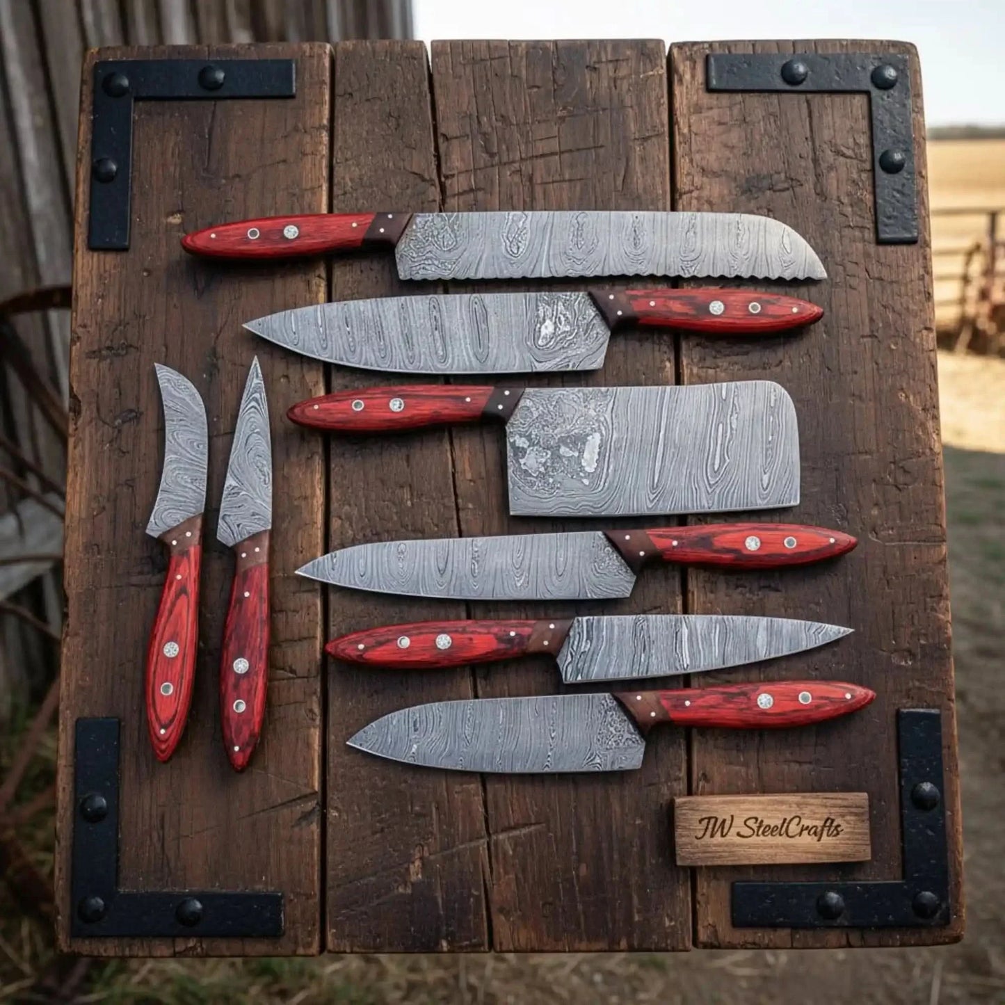 Damascus Kitchen Knife Set of 8, Hand-Forged with Red Pakka Handles