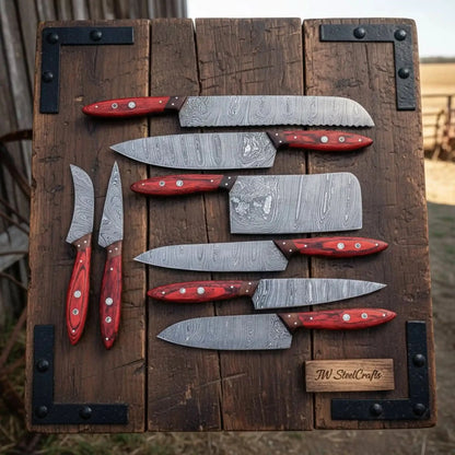 Damascus Kitchen Knife Set of 8, Hand-Forged with Red Pakka Handles