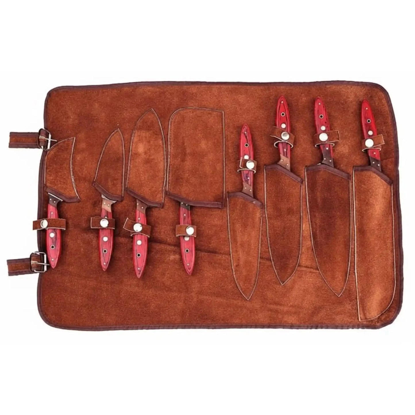 Damascus Kitchen Knife Set of 8, Hand-Forged with Red Pakka Handles