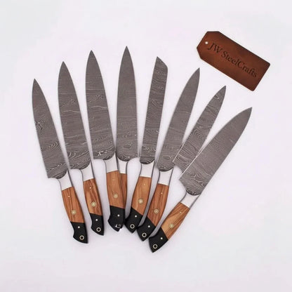 Handmade Damascus Knife Set, Olive Wood & Resin Handle