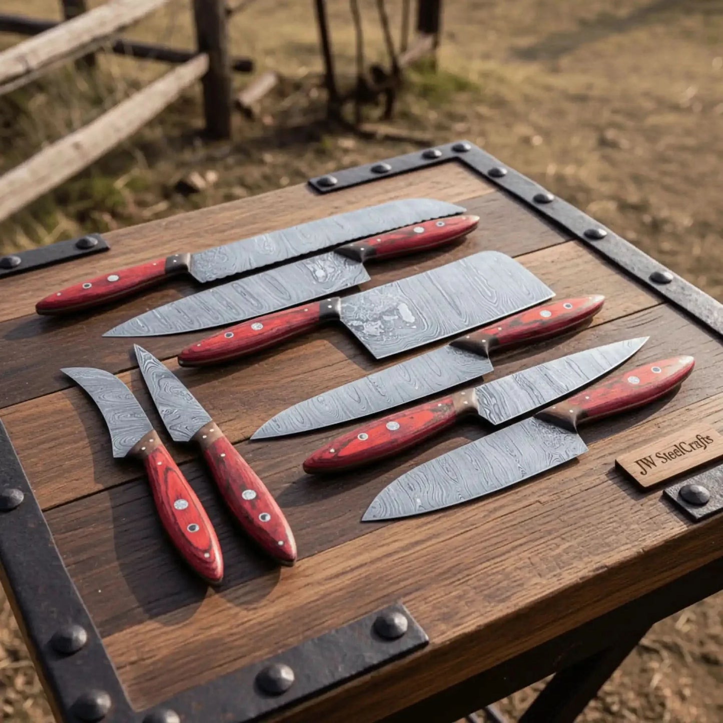 Damascus Kitchen Knife Set of 8, Hand-Forged with Red Pakka Handles