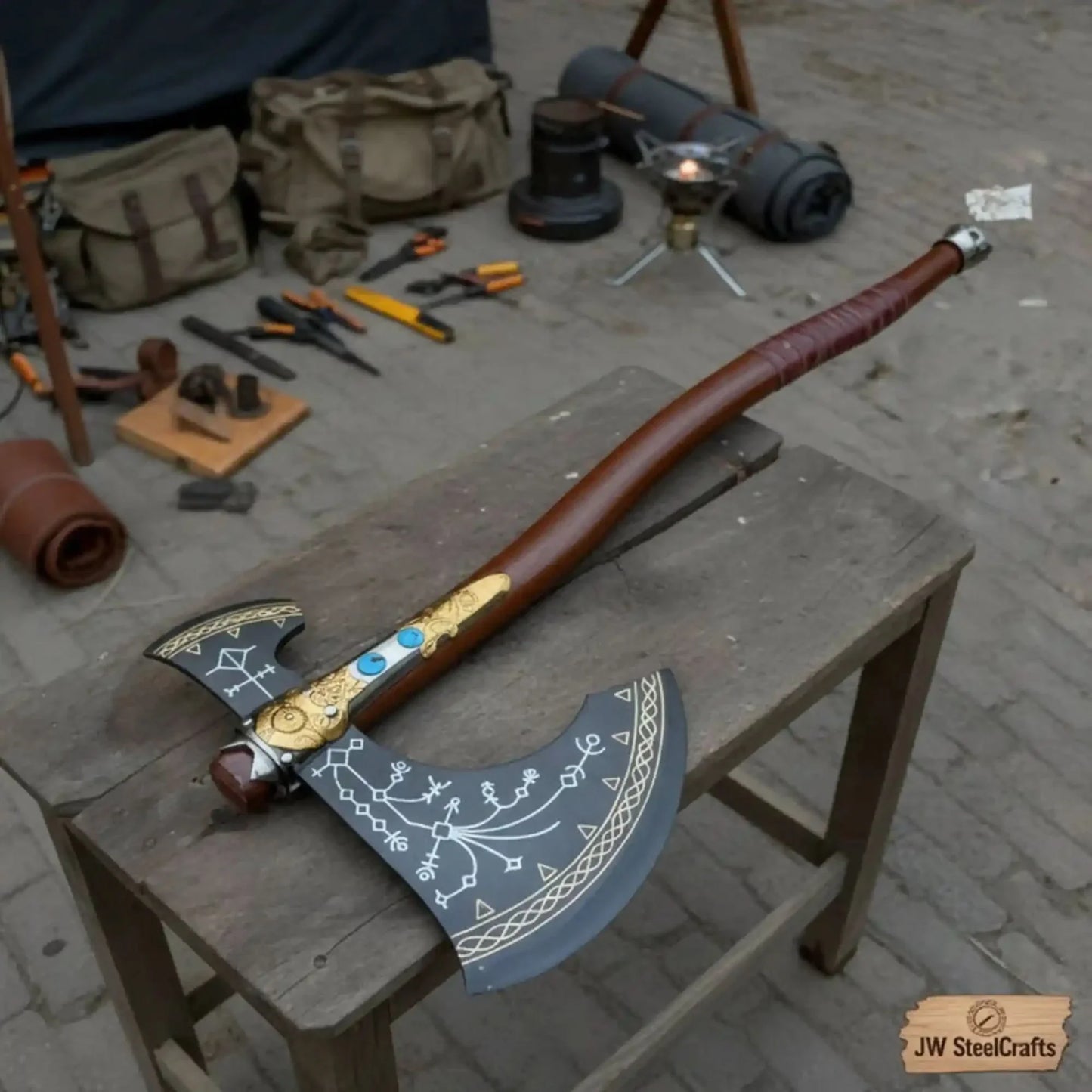 Hand Forged Viking Fantasy Double-Bit Axe with Norse Engraving, Gold Handle Fittings and Blue Gemstone Inlays