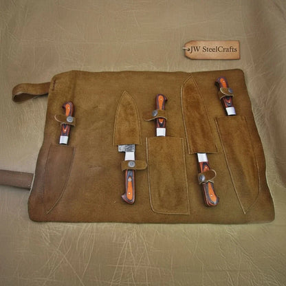 5-Piece Handmade Damascus Kitchen Knife Set with Red Pakka Wood Handles